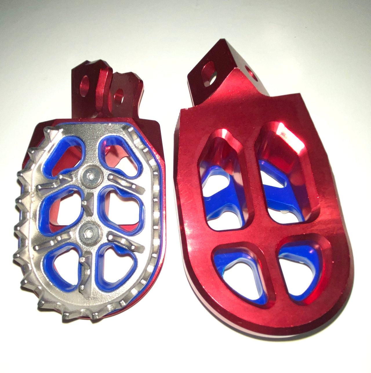 Footpegs- MX Style CNC, RED With Blue Accents to Fit ALL Pūr-Speed Balance Bikes | P99-121