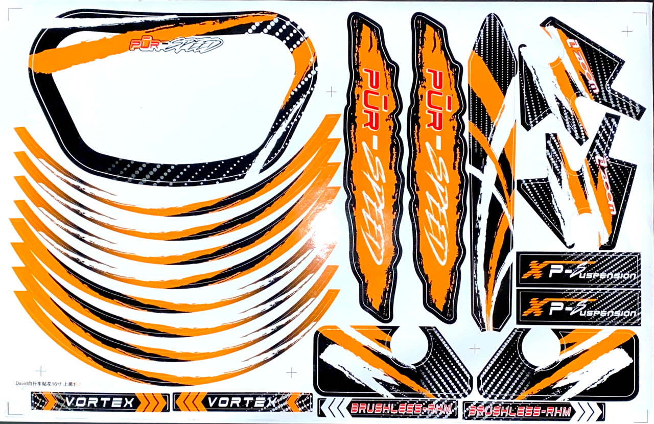 Decal Set- ORANGE Fits Pūr-Speed Electric Balance Bikes With 16" and 20" Frames | P55-128